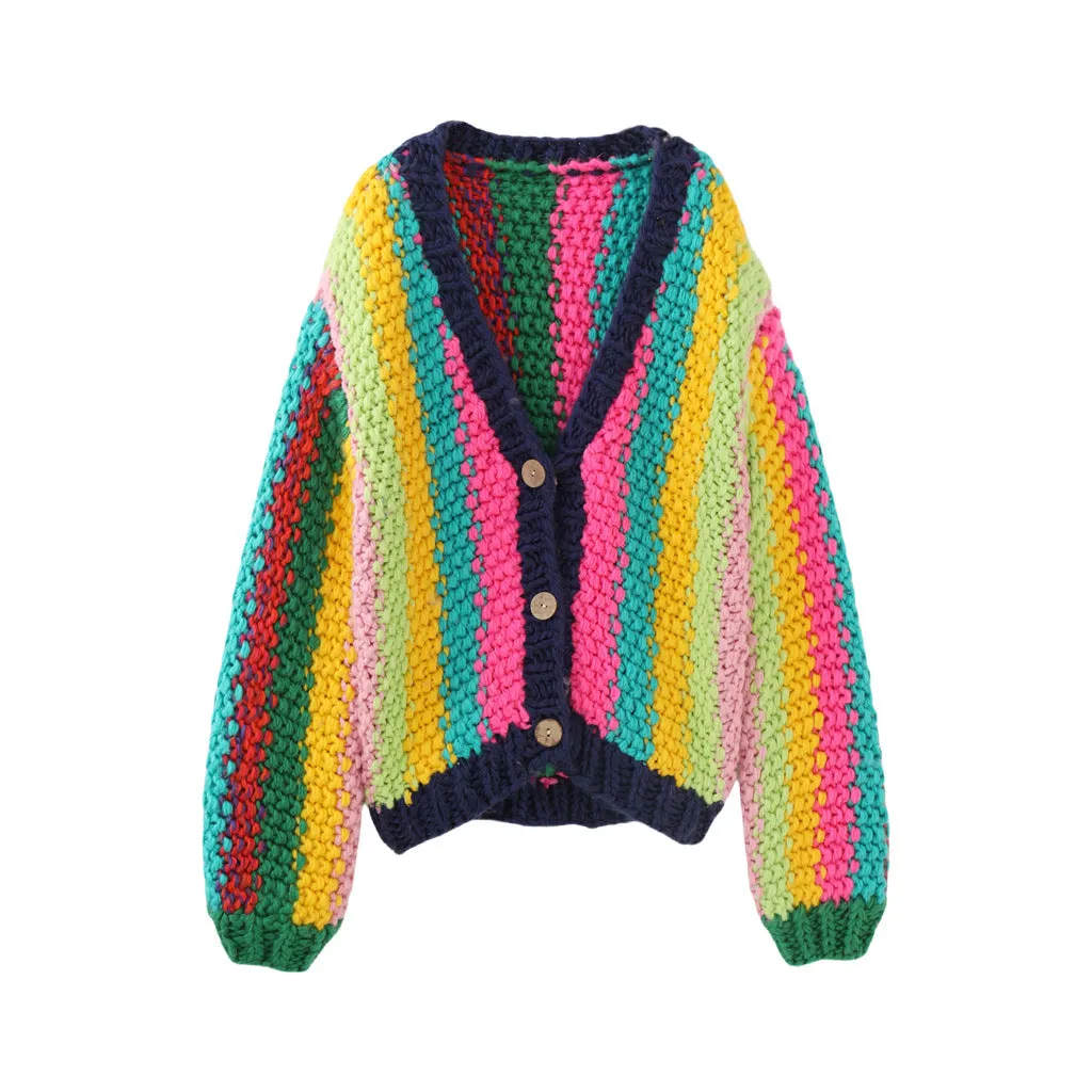 Pre Order:  Thick Chunky Stripe Knit V-Neck Cardigan