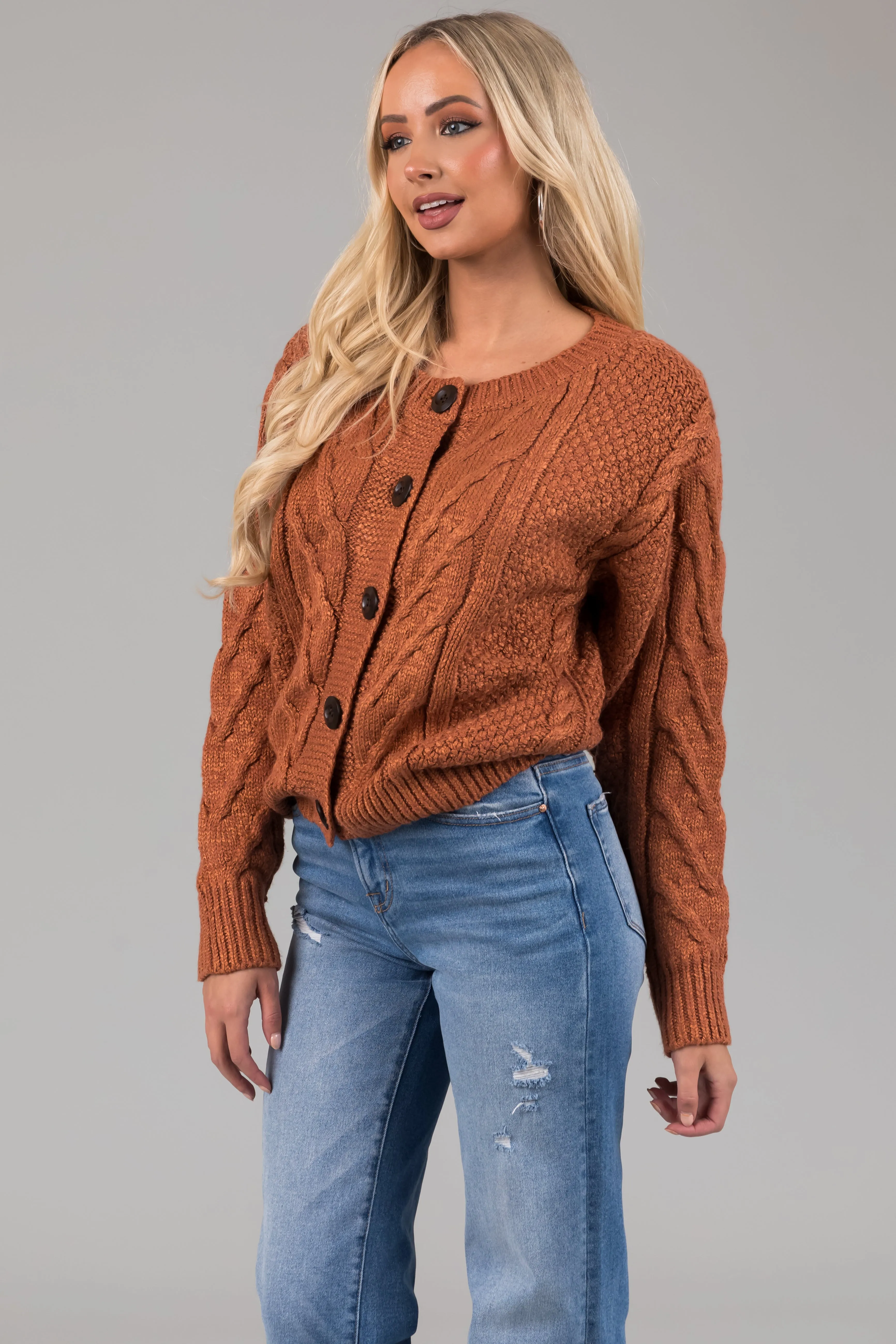 Pumpkin Spice Thick Cable Knit Button Cardigan