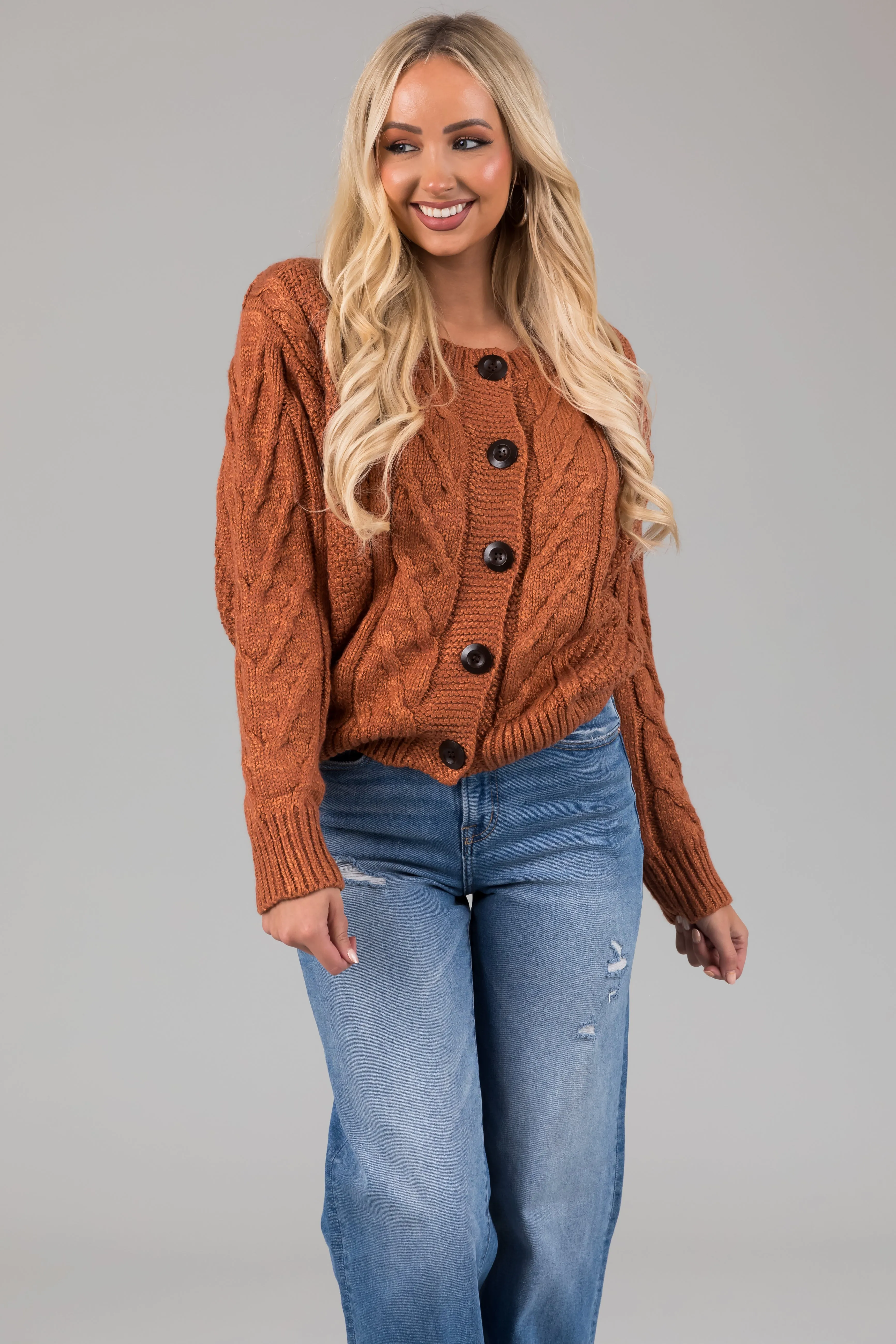 Pumpkin Spice Thick Cable Knit Button Cardigan