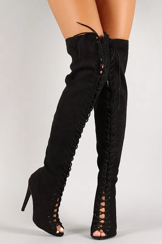 Qupid Lace Up Peep Toe Over-The-Knee Boot