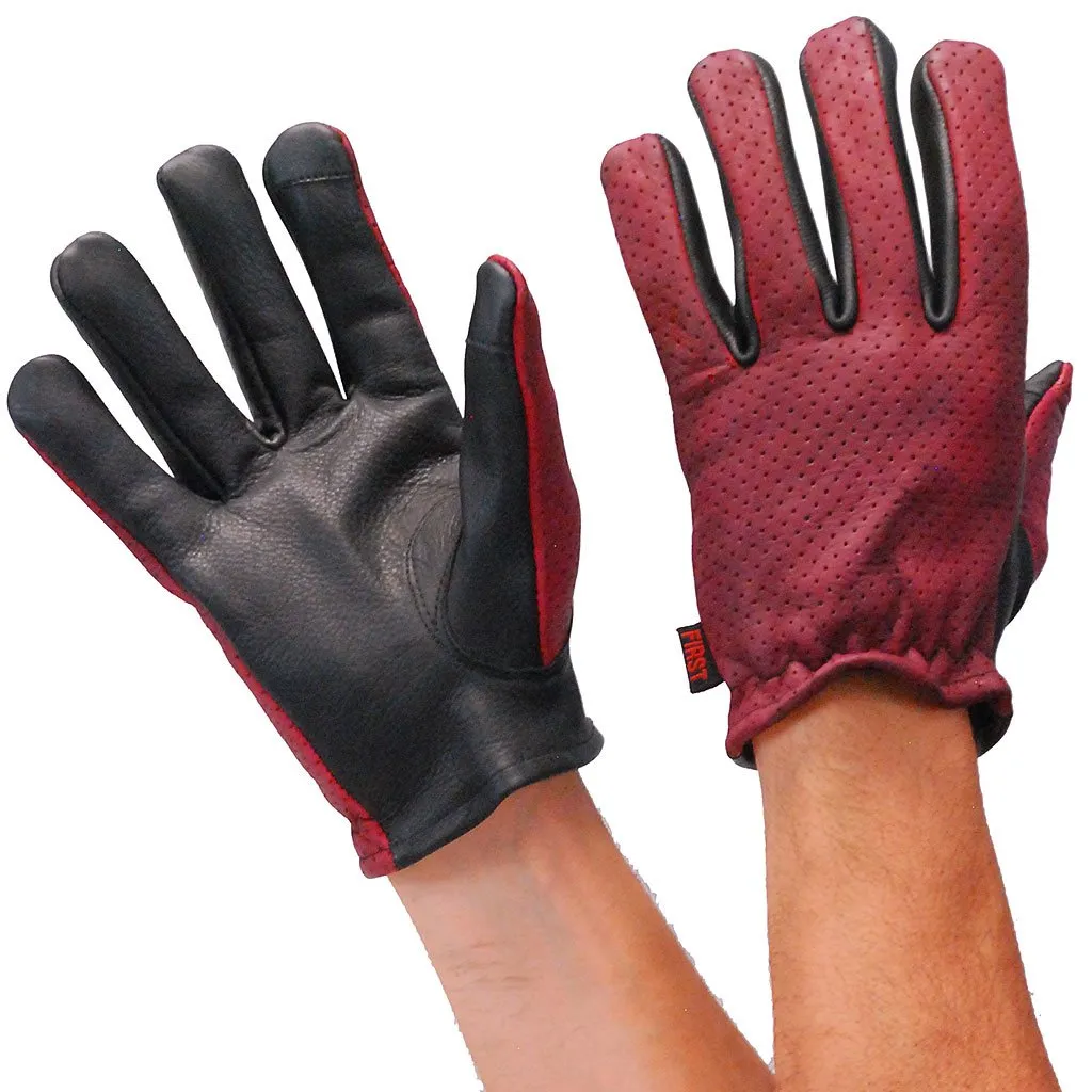 Red/Black Leather Vented Motorcycle Gloves #GM218VBG