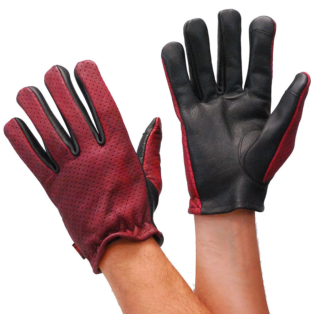 Red/Black Leather Vented Motorcycle Gloves #GM218VBG