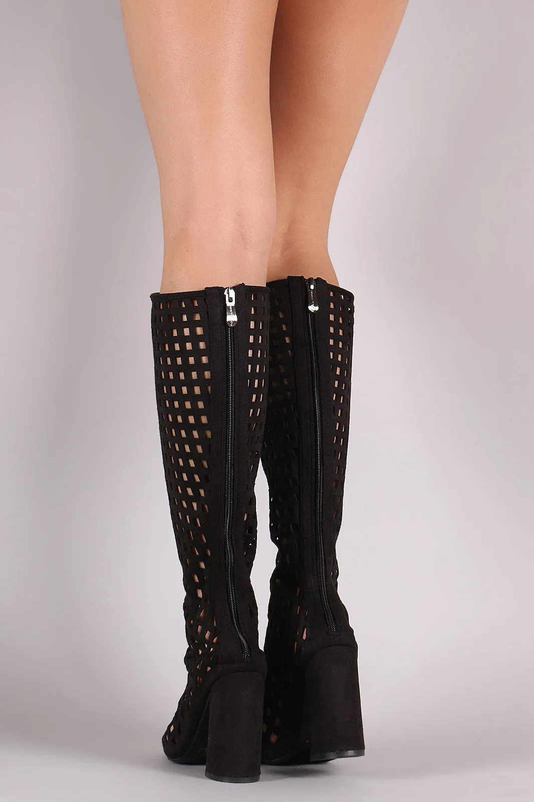 Rita - Suede Perforated Peep Toe Chunky Heeled Boots