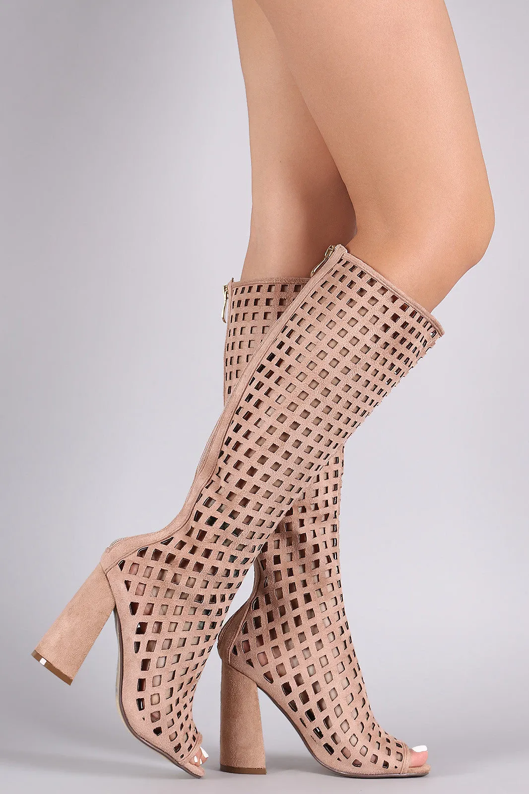 Rita - Suede Perforated Peep Toe Chunky Heeled Boots