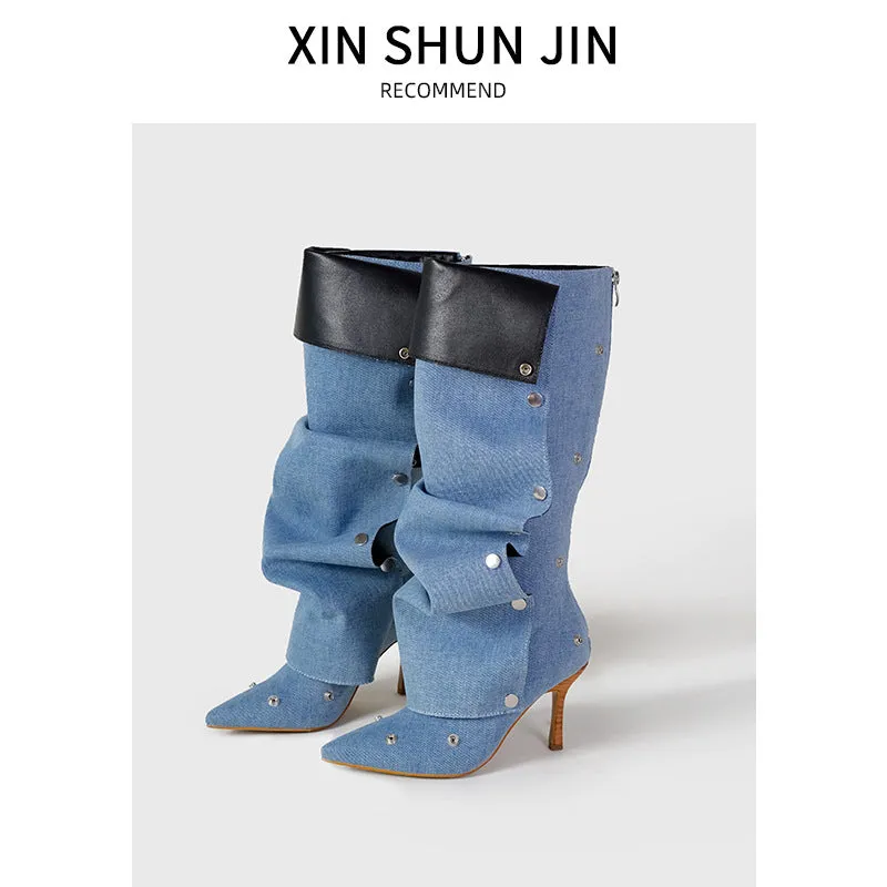 Rivet Buckle Stiletto Heel Denim Pleated Pile Up Boots