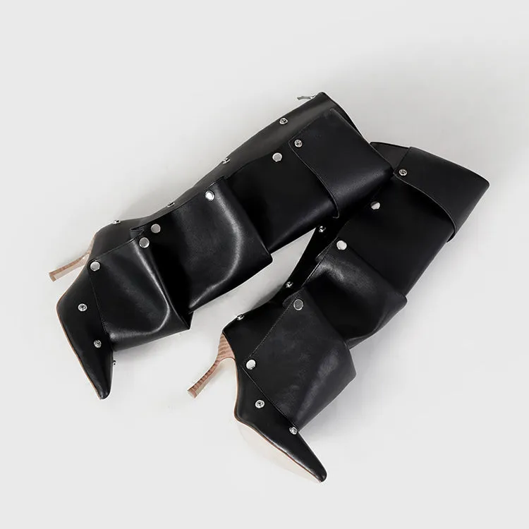 Rivet Buckle Stiletto Heel Denim Pleated Pile Up Boots