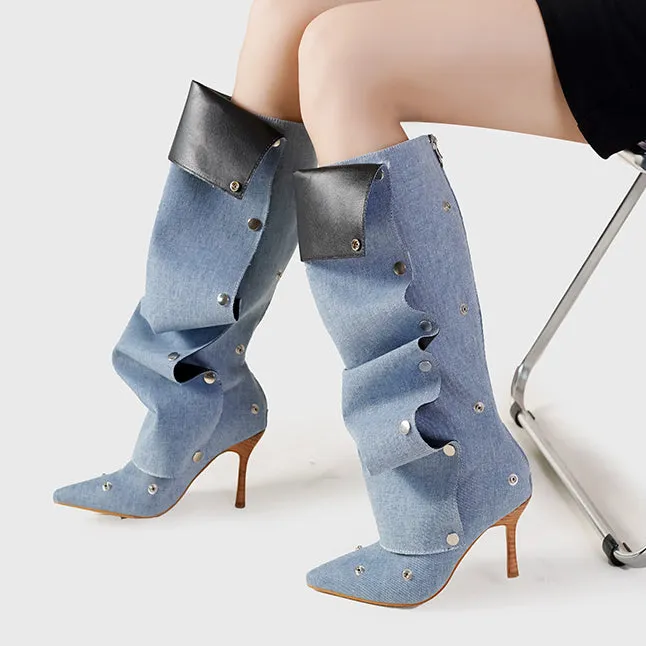 Rivet Buckle Stiletto Heel Denim Pleated Pile Up Boots