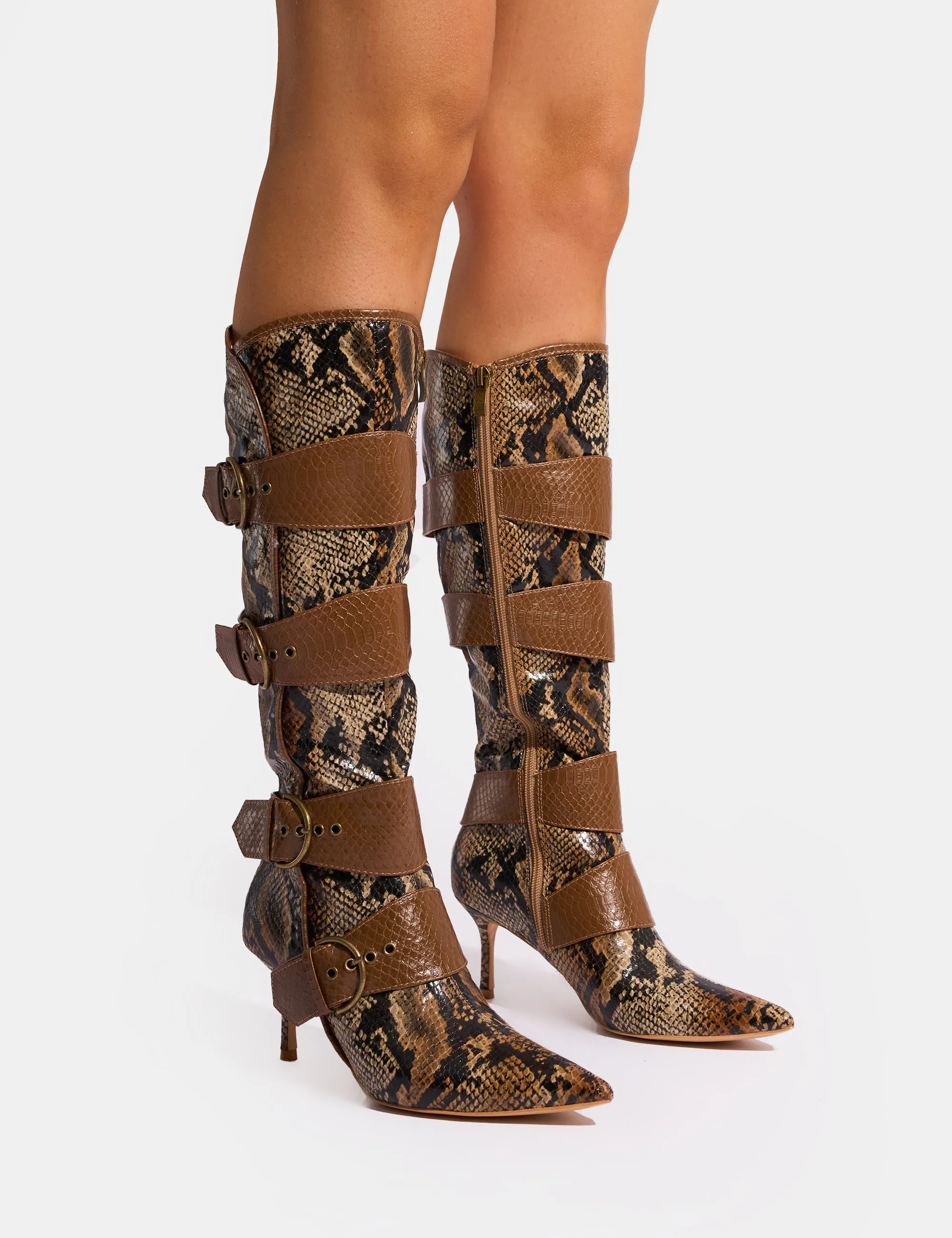 Samurai Snake Multi Buckle Pointed Toe Boots