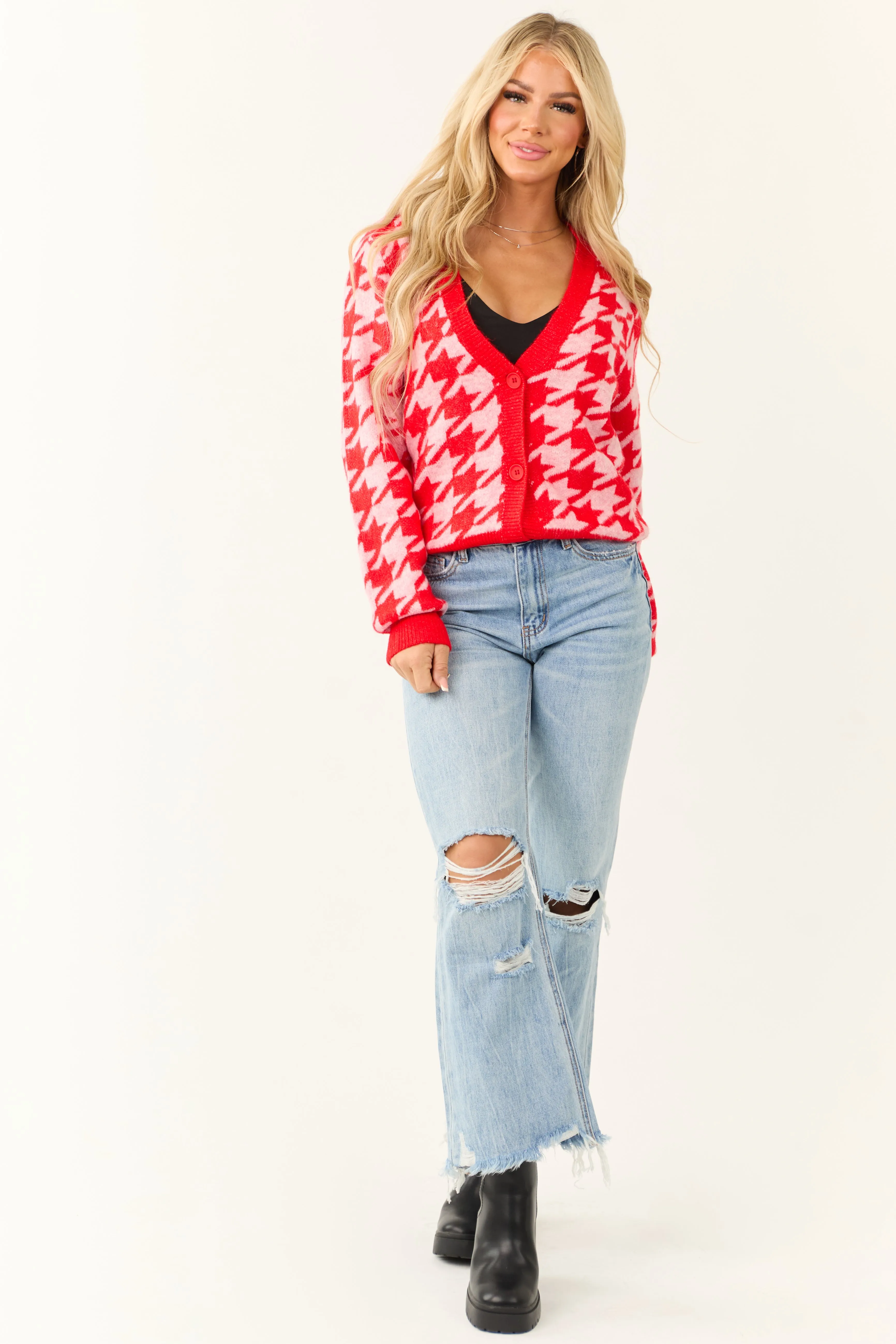 Scarlet Houndstooth Button Down Cardigan