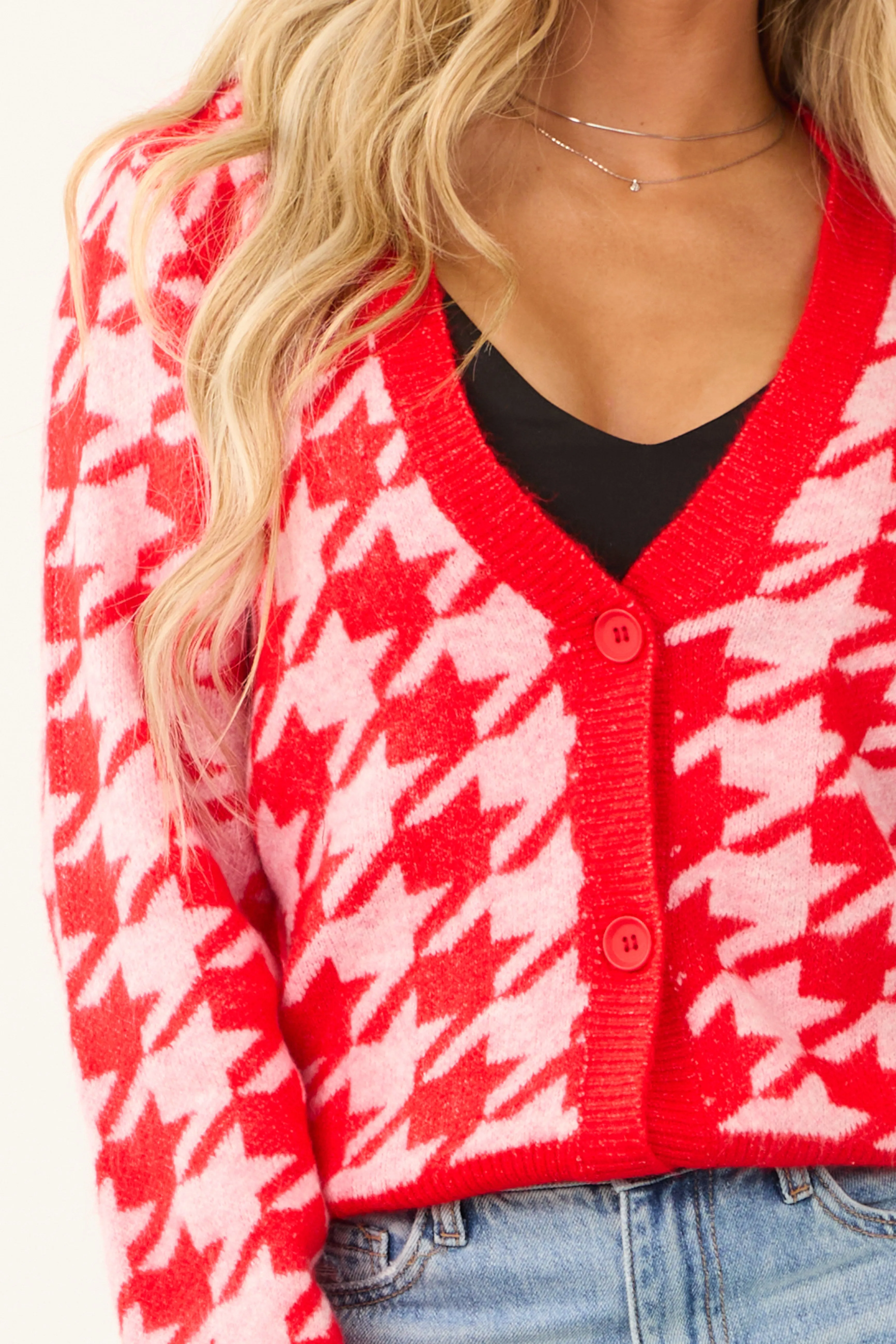 Scarlet Houndstooth Button Down Cardigan