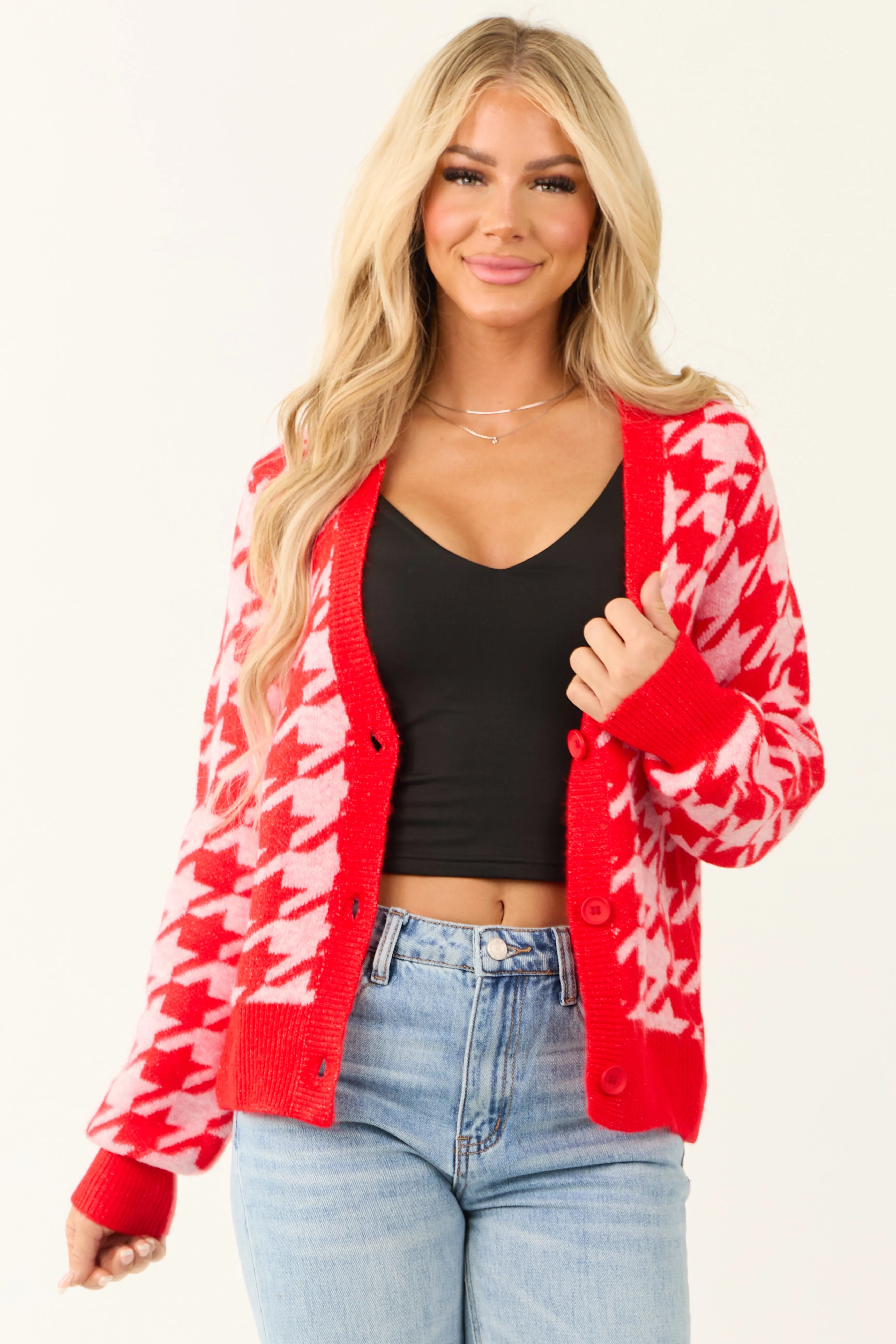 Scarlet Houndstooth Button Down Cardigan