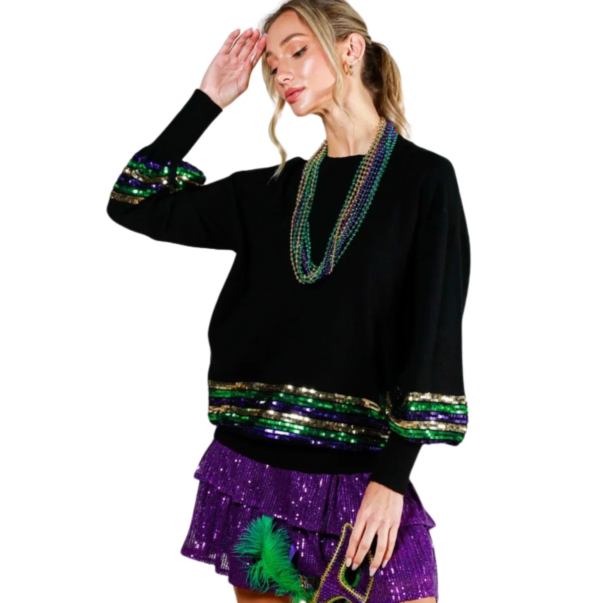 Sequin Trim Detail Mardi Gras Sweater Black Top