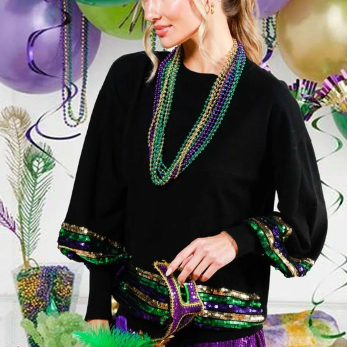 Sequin Trim Detail Mardi Gras Sweater Black Top