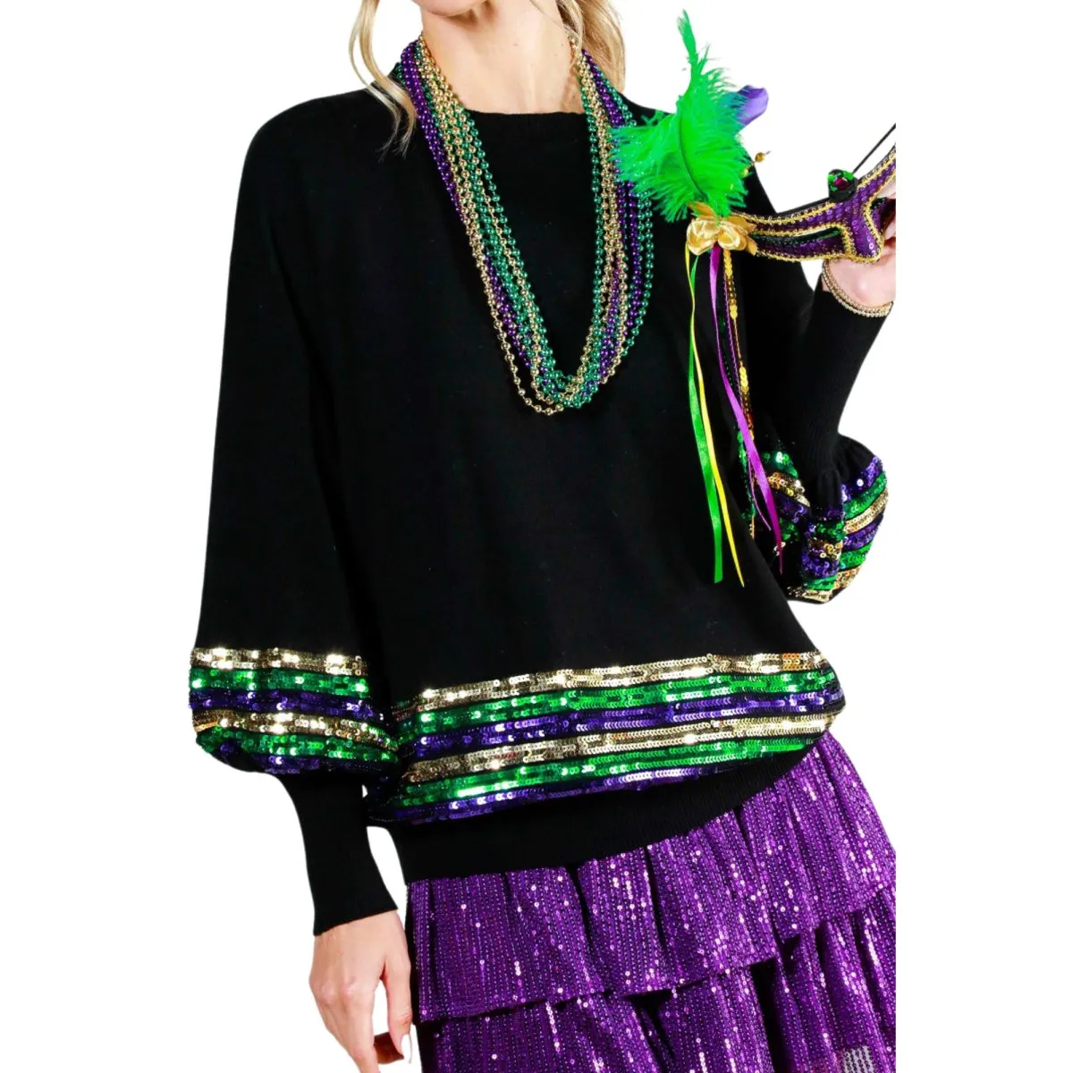 Sequin Trim Detail Mardi Gras Sweater Black Top