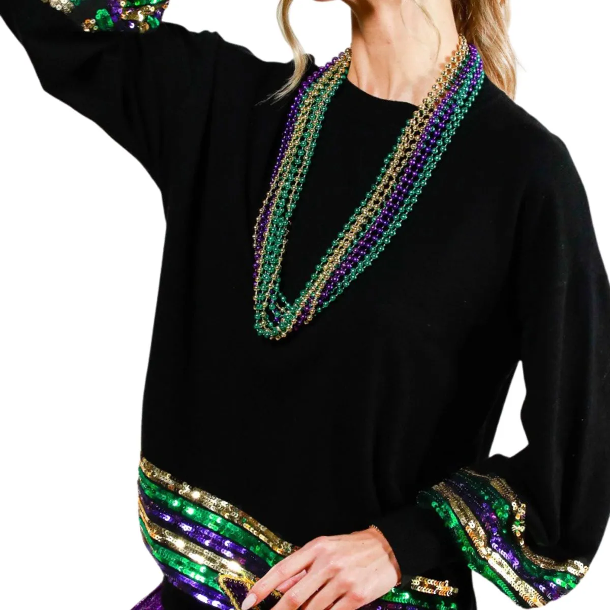 Sequin Trim Detail Mardi Gras Sweater Black Top