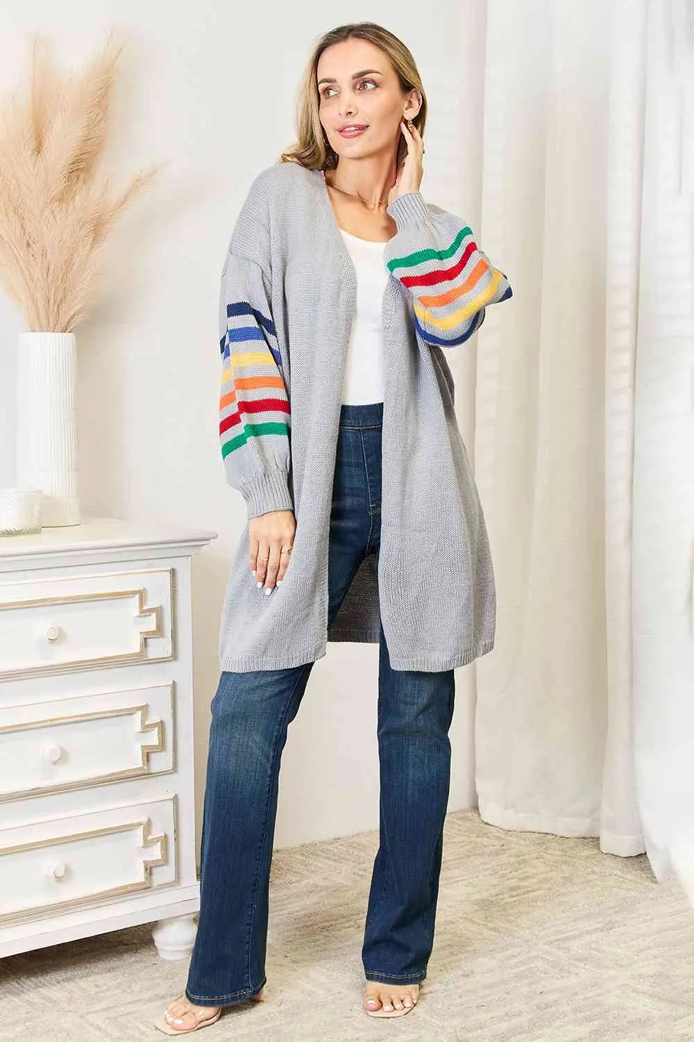 Stripe Open Front Longline Cardigan