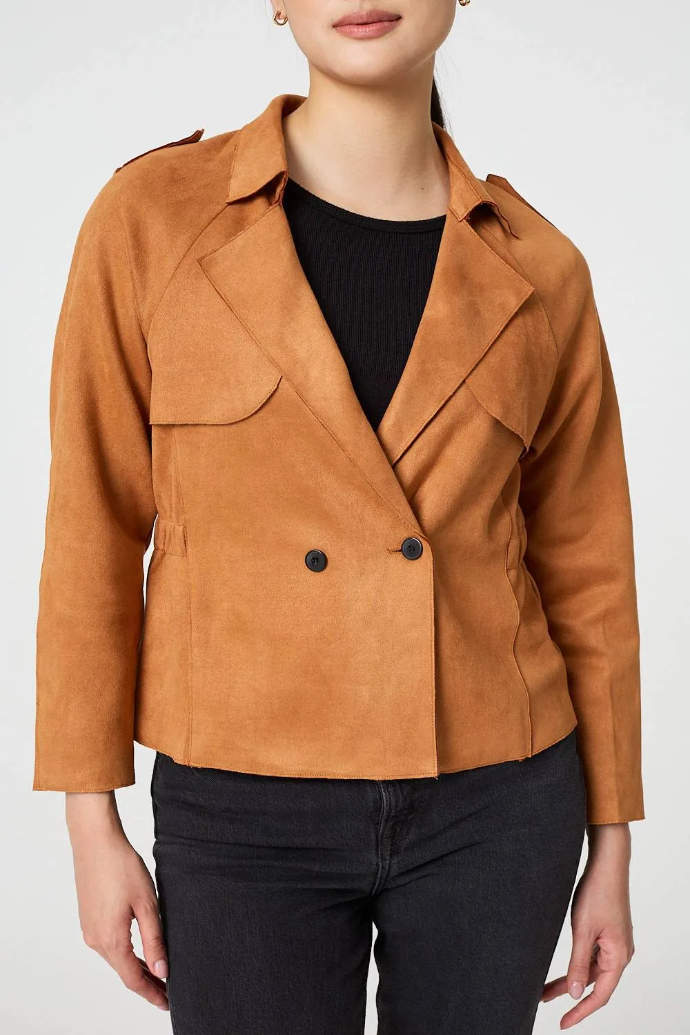 Suede Texture 3/4 Sleeve Cropped Trench Coat