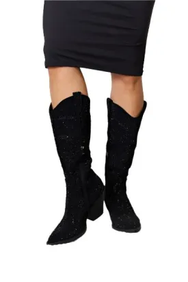 TEEK - Black FL Rhinestone Knee High Cowboy Boots