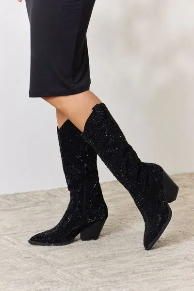 TEEK - Black FL Rhinestone Knee High Cowboy Boots