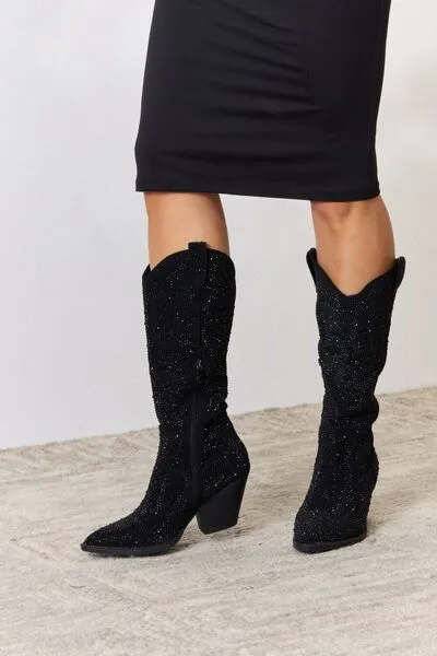 TEEK - Black FL Rhinestone Knee High Cowboy Boots