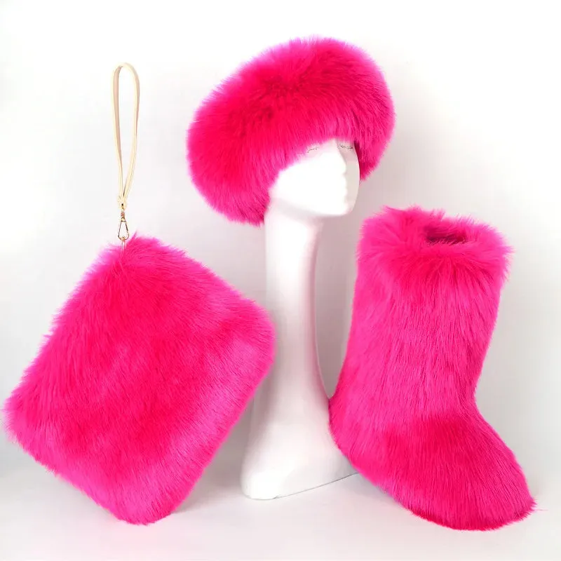 TEEK - Faux Fox Fur Snow Boots Velvet Headband Handbag Set