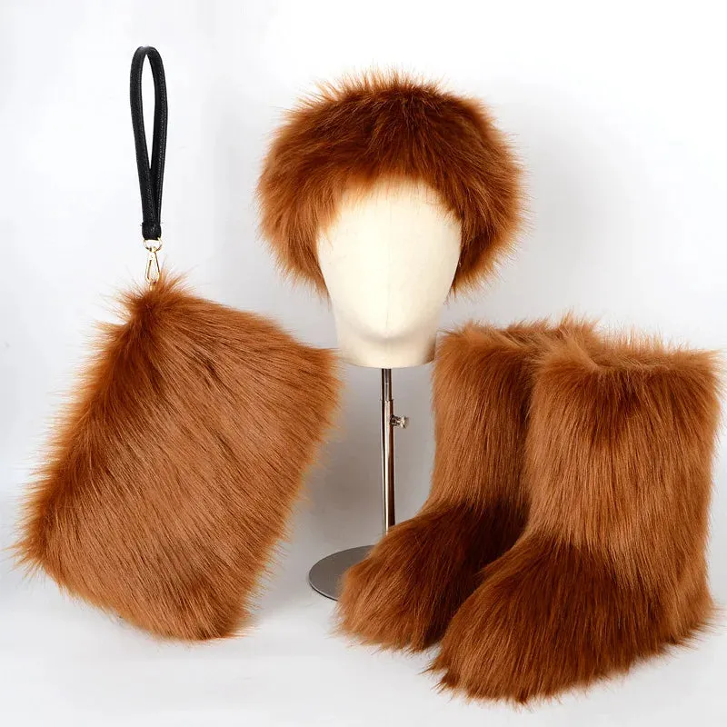 TEEK - Faux Fox Fur Snow Boots Velvet Headband Handbag Set