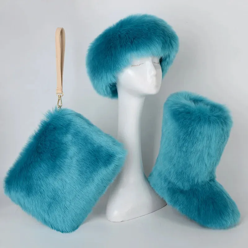 TEEK - Faux Fox Fur Snow Boots Velvet Headband Handbag Set