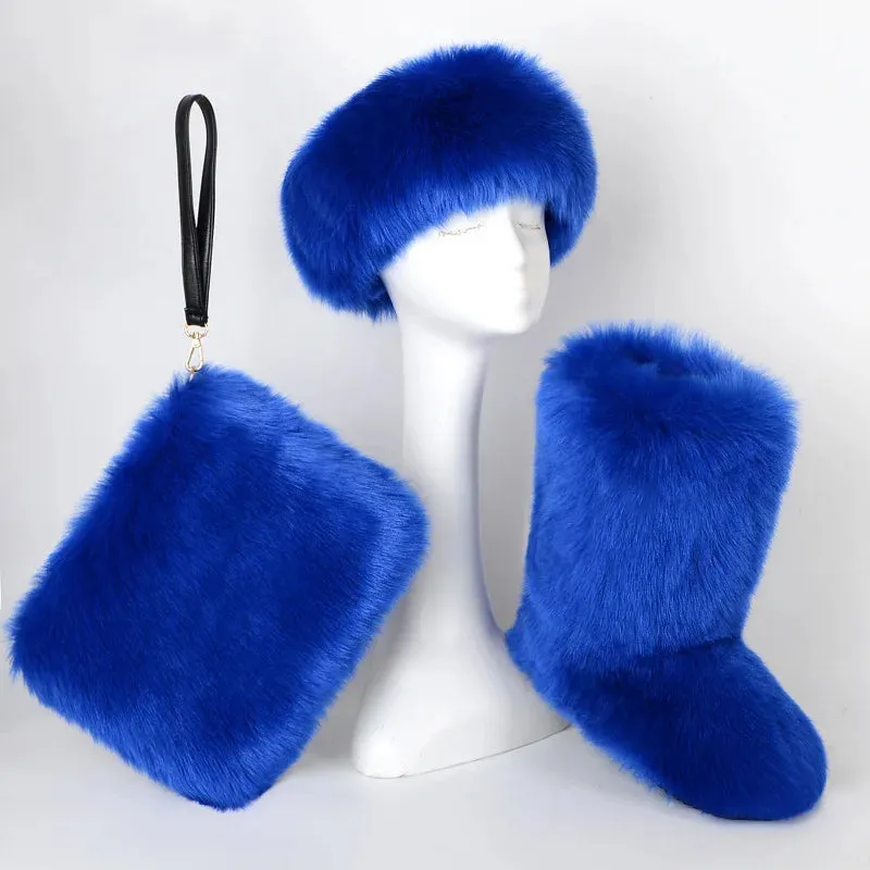 TEEK - Faux Fox Fur Snow Boots Velvet Headband Handbag Set