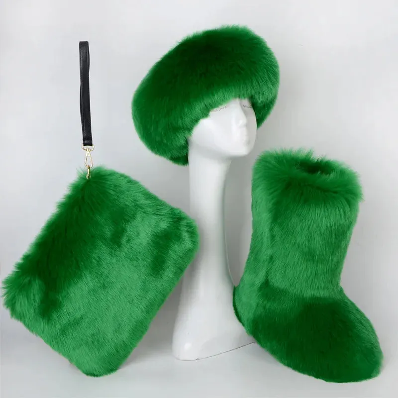 TEEK - Faux Fox Fur Snow Boots Velvet Headband Handbag Set