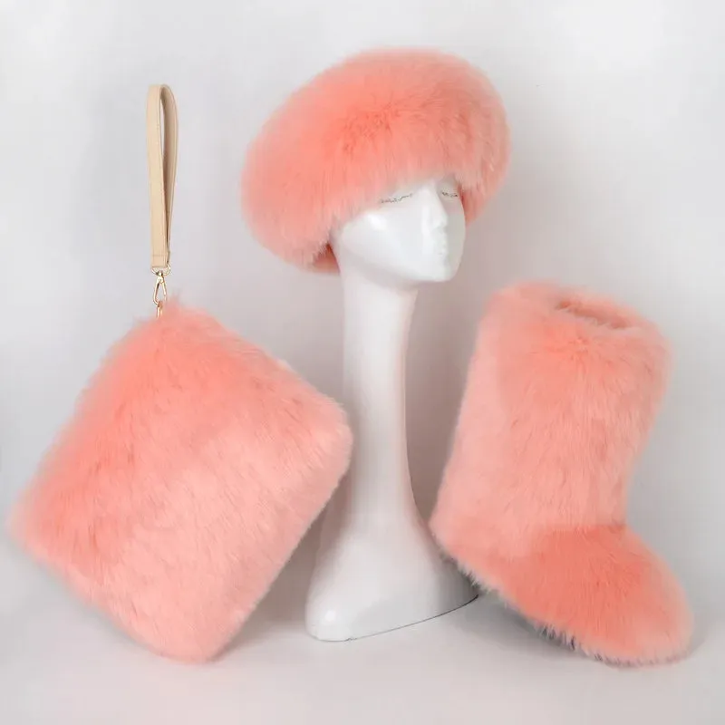 TEEK - Faux Fox Fur Snow Boots Velvet Headband Handbag Set