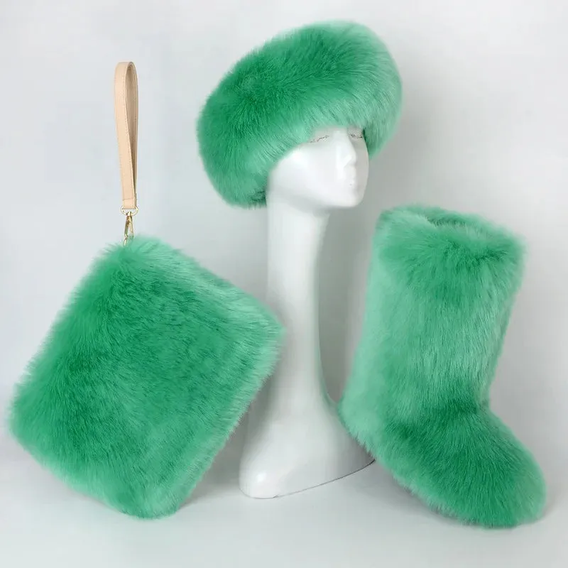 TEEK - Faux Fox Fur Snow Boots Velvet Headband Handbag Set