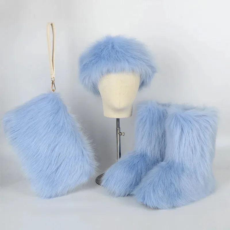 TEEK - Faux Fox Fur Snow Boots Velvet Headband Handbag Set