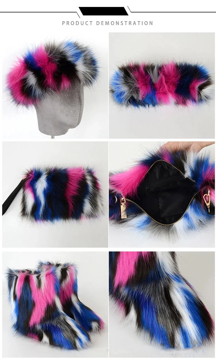 TEEK - Faux Fox Fur Snow Boots Velvet Headband Handbag Set