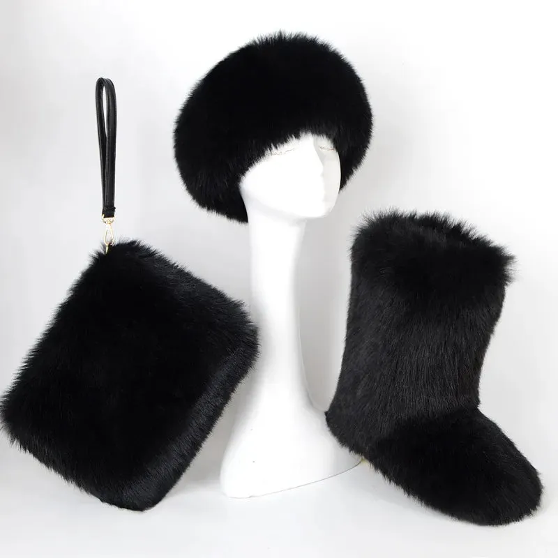 TEEK - Faux Fox Fur Snow Boots Velvet Headband Handbag Set