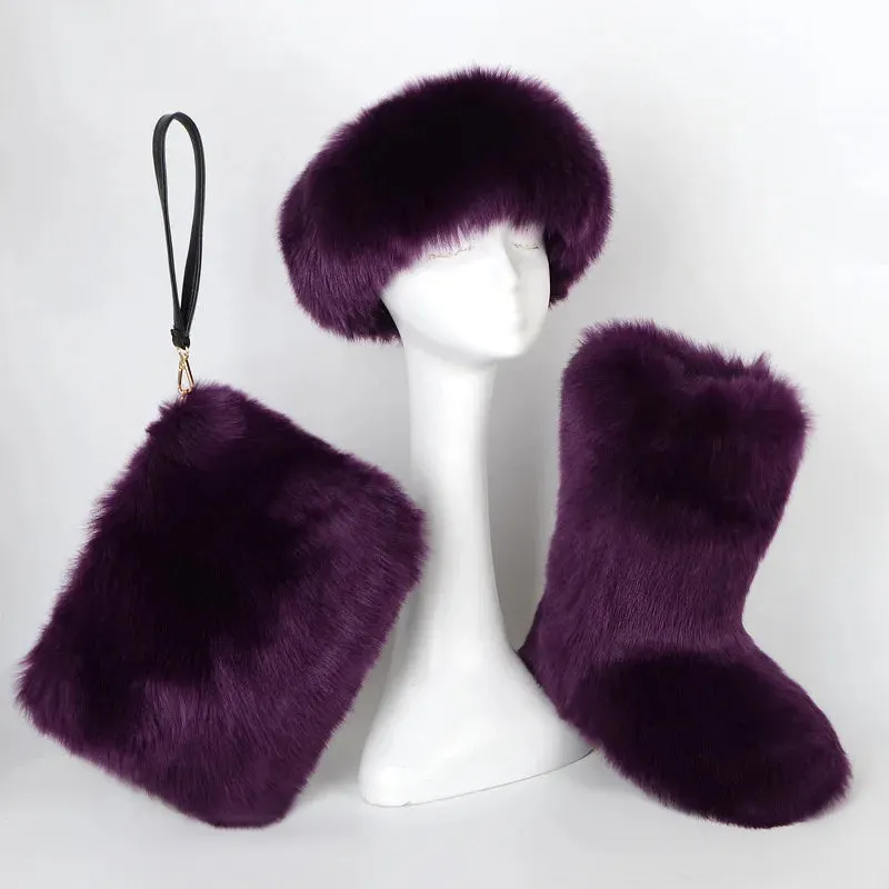 TEEK - Faux Fox Fur Snow Boots Velvet Headband Handbag Set