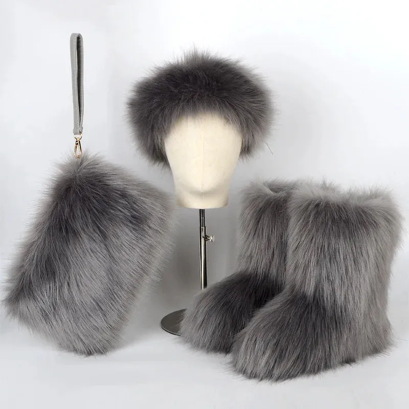 TEEK - Faux Fox Fur Snow Boots Velvet Headband Handbag Set