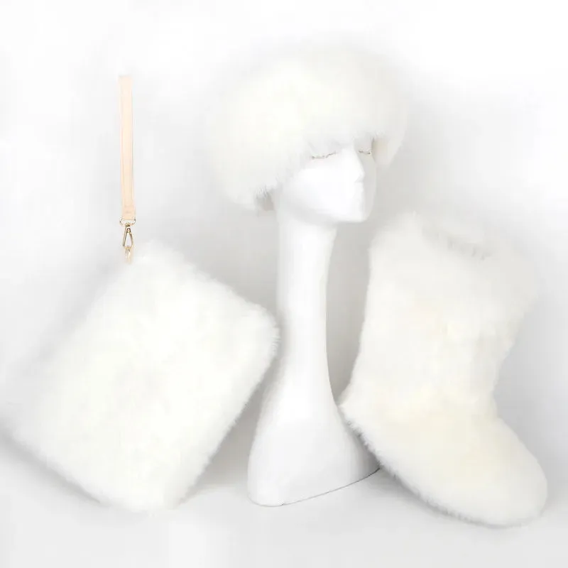 TEEK - Faux Fox Fur Snow Boots Velvet Headband Handbag Set