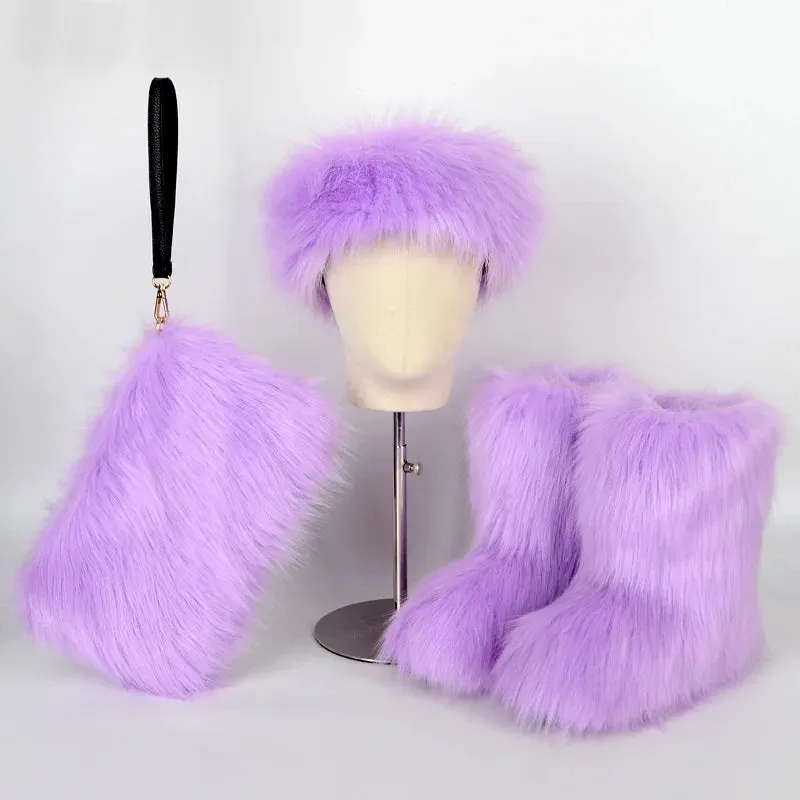 TEEK - Faux Fox Fur Snow Boots Velvet Headband Handbag Set