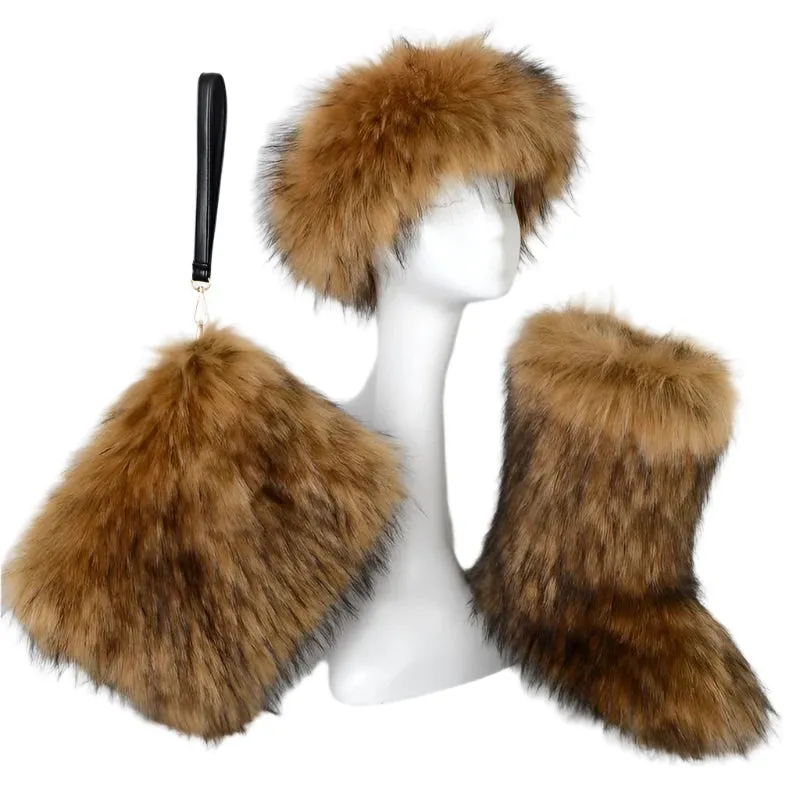 TEEK - Faux Fox Fur Snow Boots Velvet Headband Handbag Set