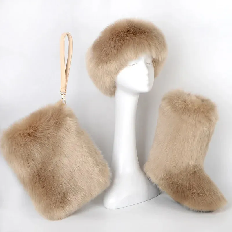 TEEK - Faux Fox Fur Snow Boots Velvet Headband Handbag Set