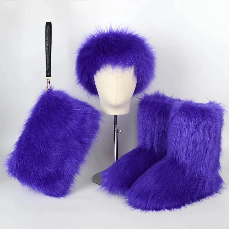 TEEK - Faux Fox Fur Snow Boots Velvet Headband Handbag Set