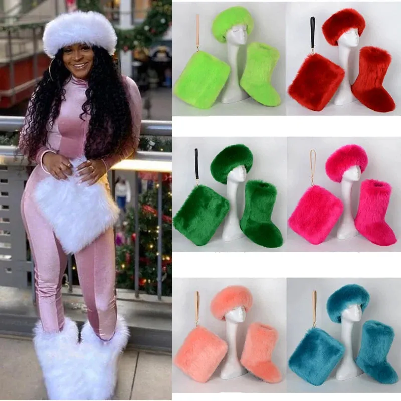 TEEK - Faux Fox Fur Snow Boots Velvet Headband Handbag Set