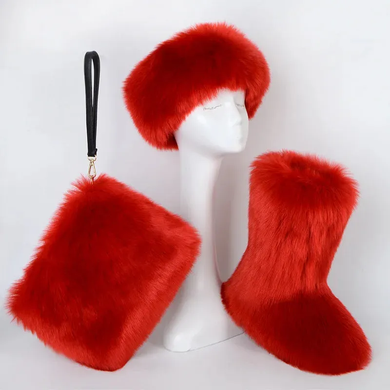 TEEK - Faux Fox Fur Snow Boots Velvet Headband Handbag Set