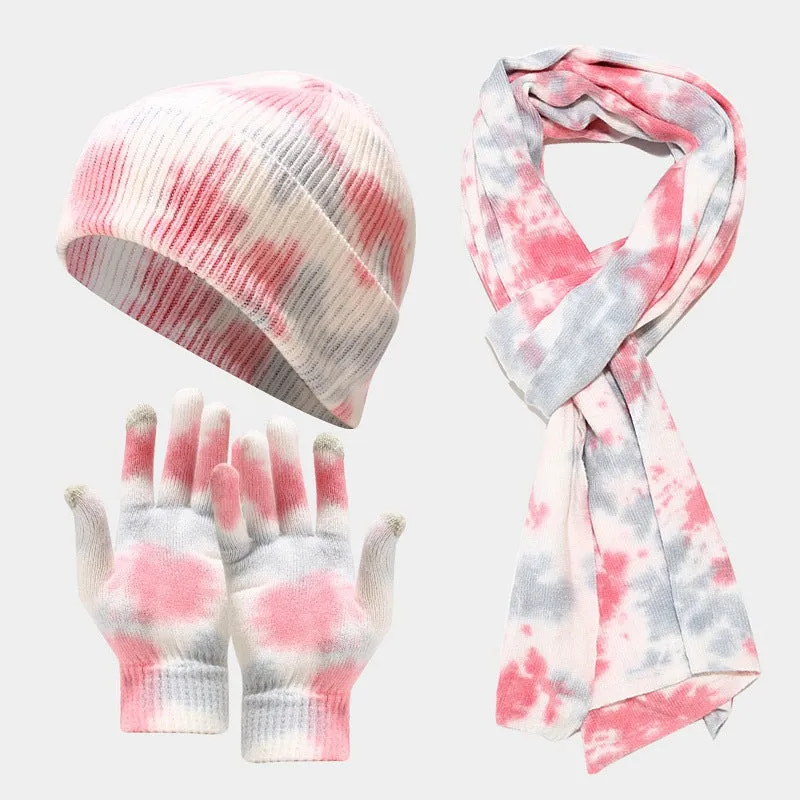 Tie-dye Knitted Hat Gloves Scarf Suit