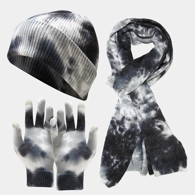 Tie-dye Knitted Hat Gloves Scarf Suit