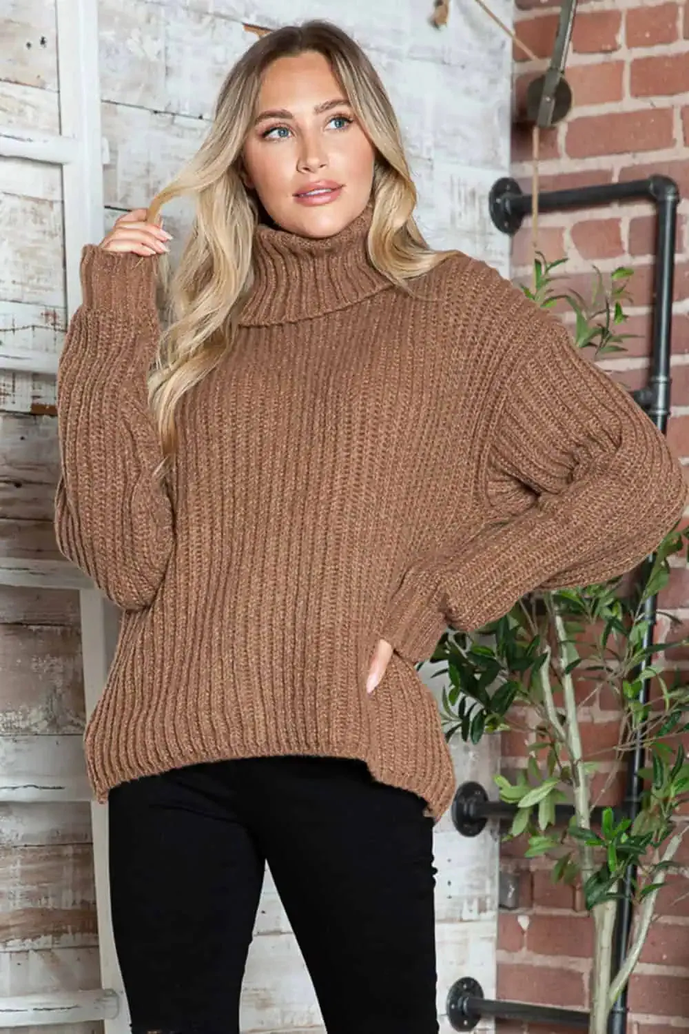 Turtleneck Dropped Shoulder  Pullover Sweater