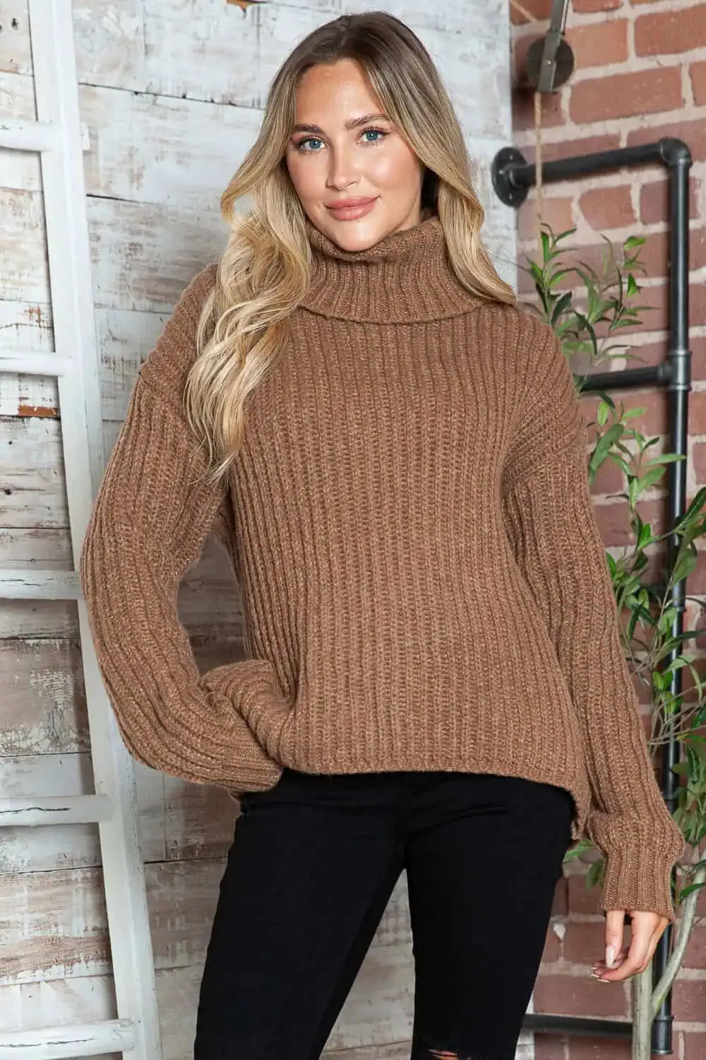 Turtleneck Dropped Shoulder  Pullover Sweater