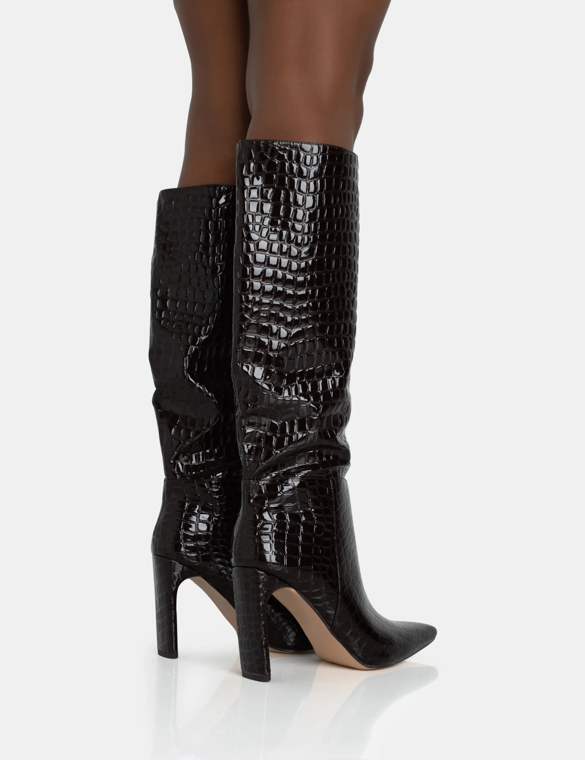 Undone Brown Patent Croc Knee High Zip Up Thin Block Heeled Boots