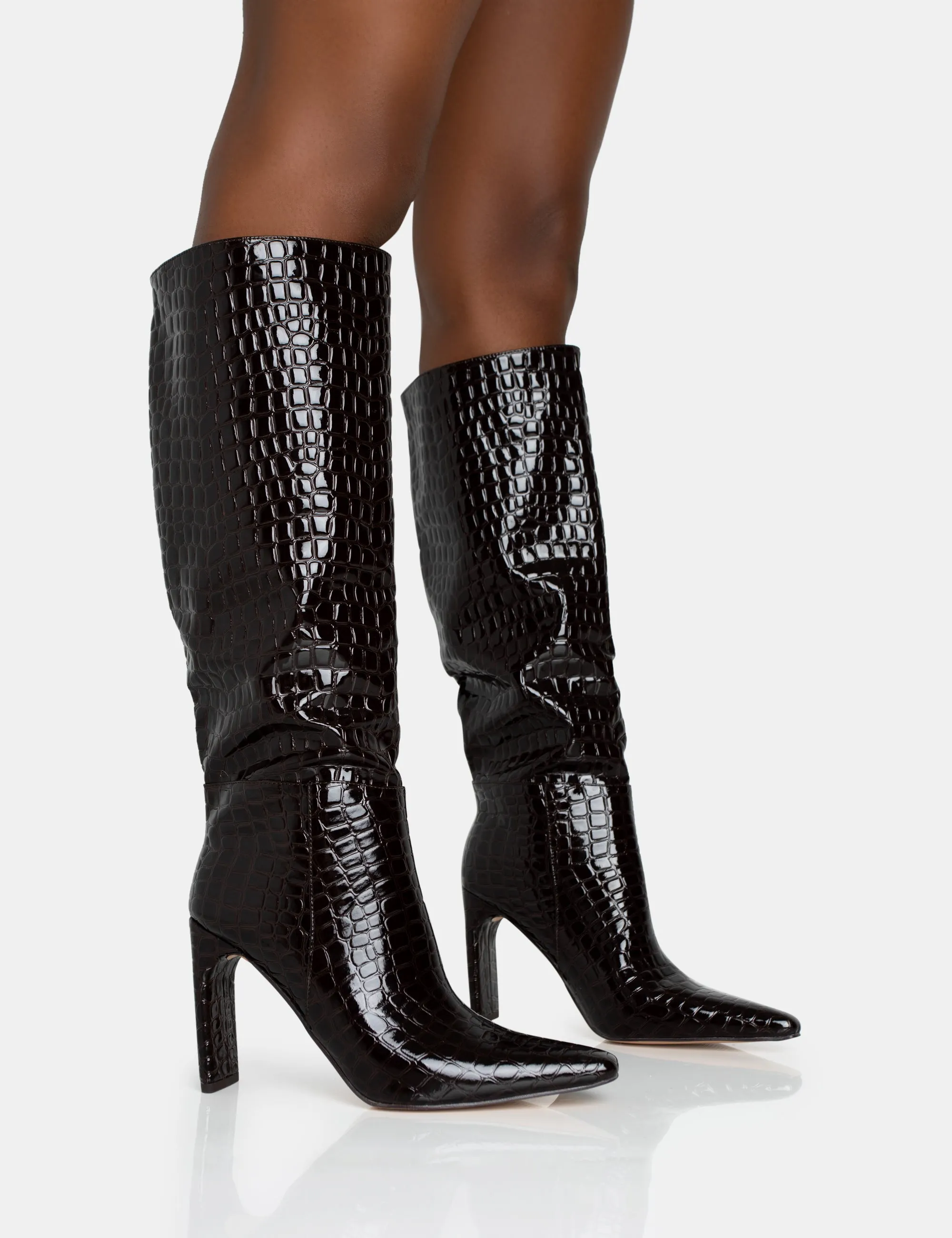 Undone Brown Patent Croc Knee High Zip Up Thin Block Heeled Boots