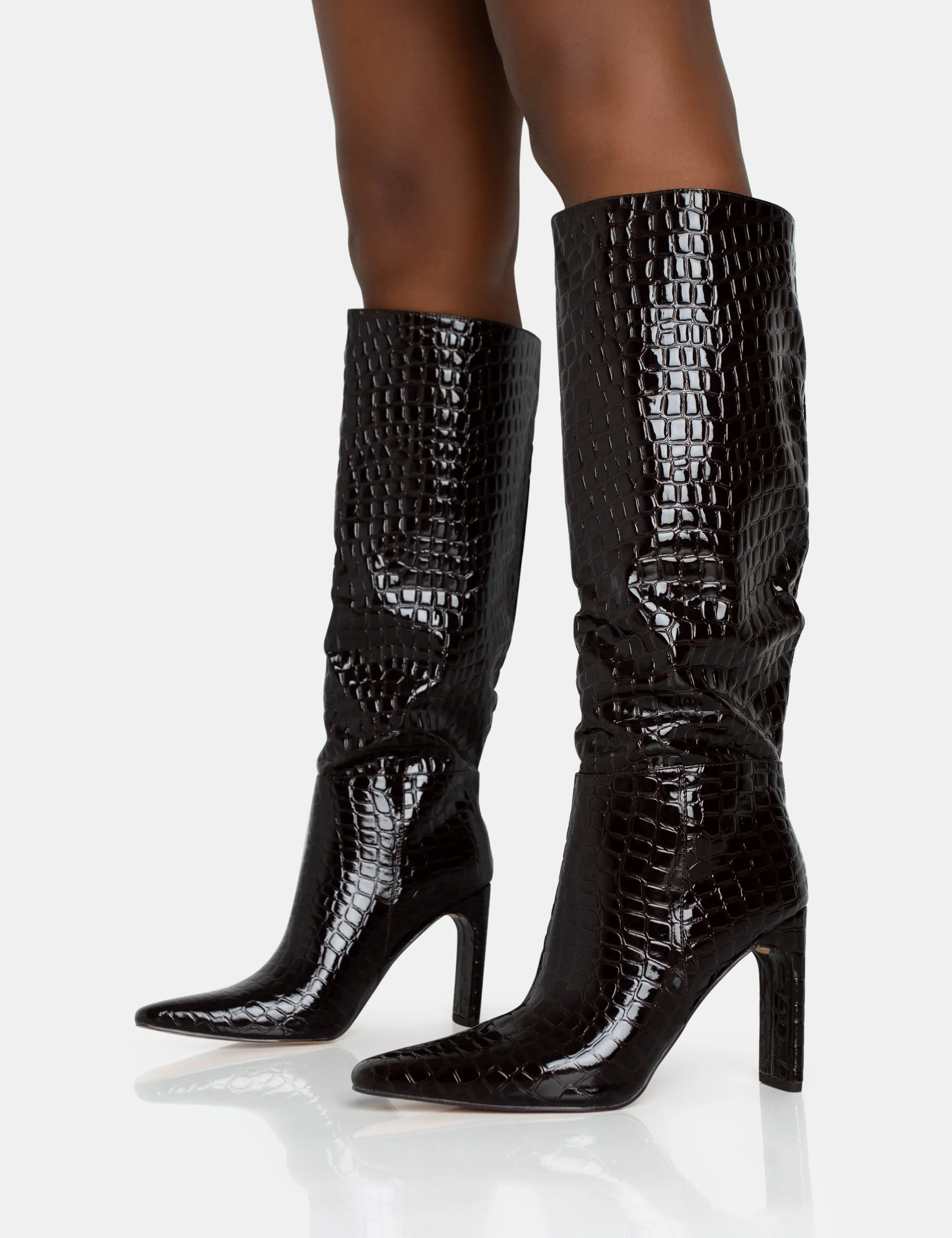 Undone Brown Patent Croc Knee High Zip Up Thin Block Heeled Boots